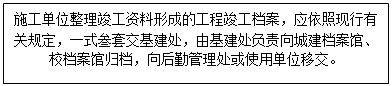 文本框: 施工单位整理竣工资料形成的工程竣工档案，应依照现行有关规定，一式叁套交基建处，由基建处负责向城建档案馆、校档案馆归档，向后勤管理处或使用单位移交。