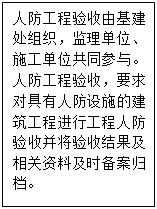 文本框: 人防工程验收由基建处组织，监理单位、施工单位共同参与。人防工程验收，要求对具有人防设施的建筑工程进行工程人防验收并将验收结果及相关资料及时备案归档。